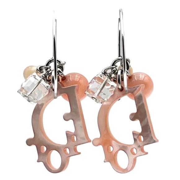 AUTH Christian Dior Rose Quartz Beaded Mother of Pearl Logo Hook Dangle Earrings - Picture 4 of 9
